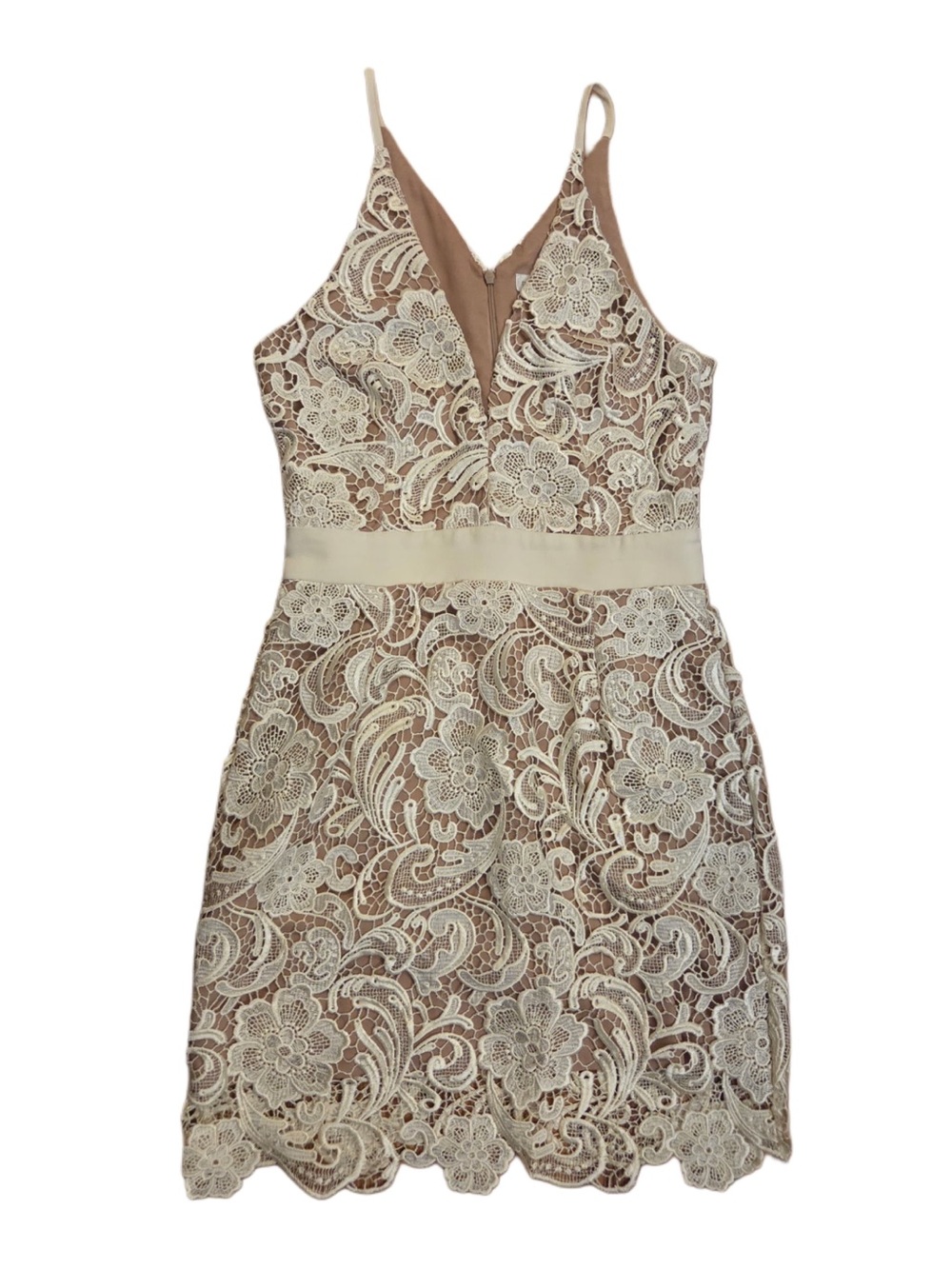 Dress The Population Lace Overlay Spaghetti Strap Dress in Ivory and Nude